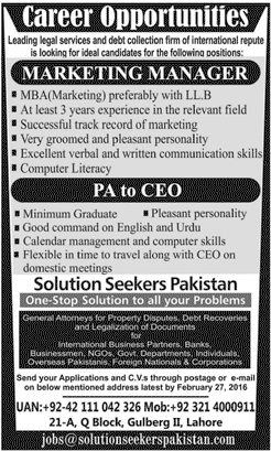 Marketing Manager Jobs in Solution Seekers Pakistan