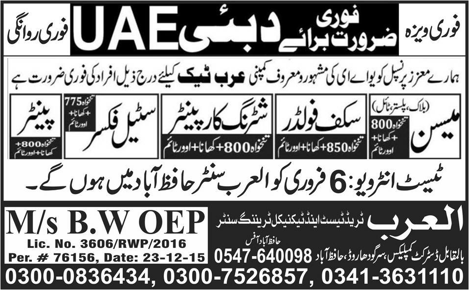 Meson Skif Folder Shuttering Carpenter Steel Fixer Painter Jobs in UAE Dubai