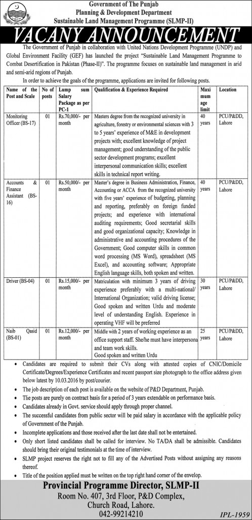 Monitoring Officer, Accounts Finance Assistant, Driver, and Naib Qasid Jobs in Government of The Punjab SLMP