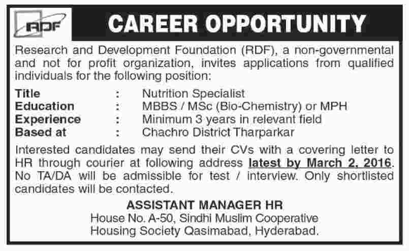 Nutrition Specialist Jobs in (RDF) Research and Development Foundation