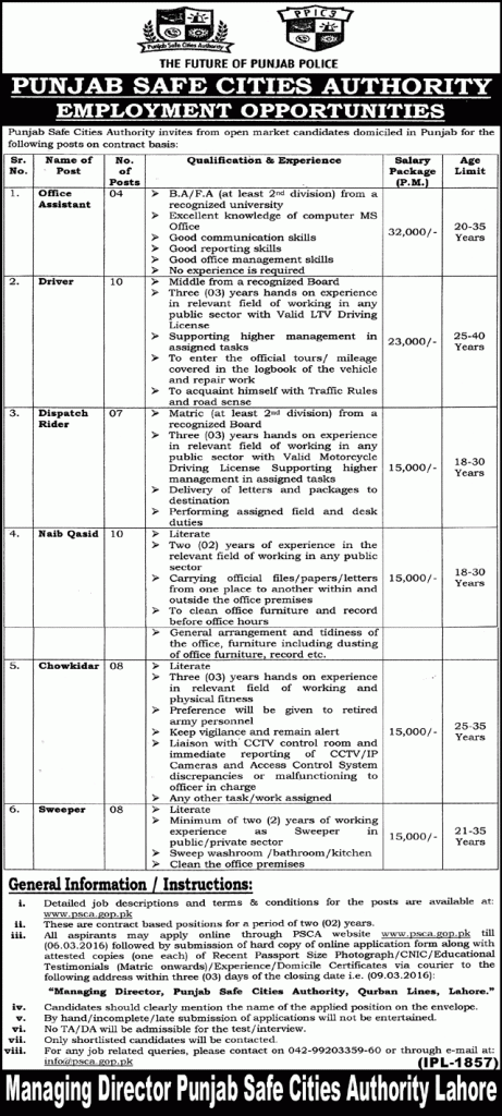 Office Assistant, Driver, Dispatch Rider, Naib Qasid, Chowkidar, Sweeper Jobs in Punjab Safe Cities Authority Lahore