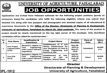 One Project Engineer, One XEN Civil Jobs in University of Agriculture Faisalabad