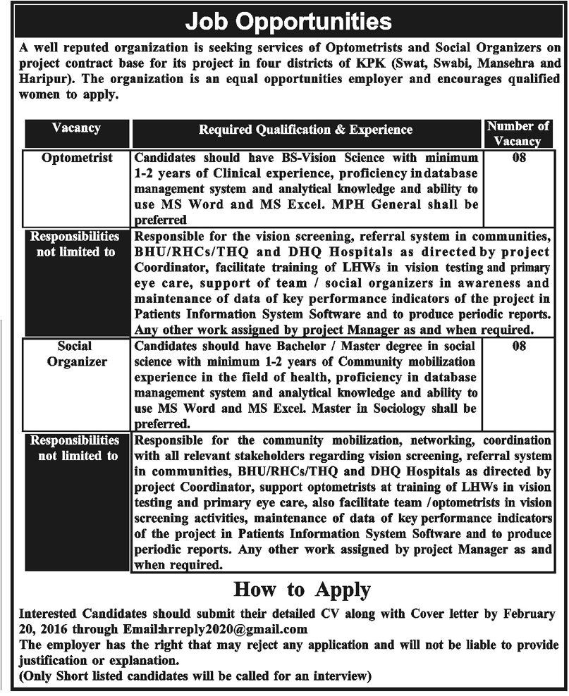 Optometrist, Social Organizer Jobs in KPK