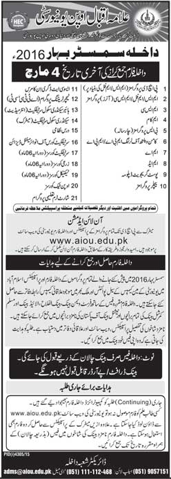 PHD, MPhill, MSc, MCom, BS MA MEd and Bachelor Admissions in Allama Iqbal Open University Islamabad