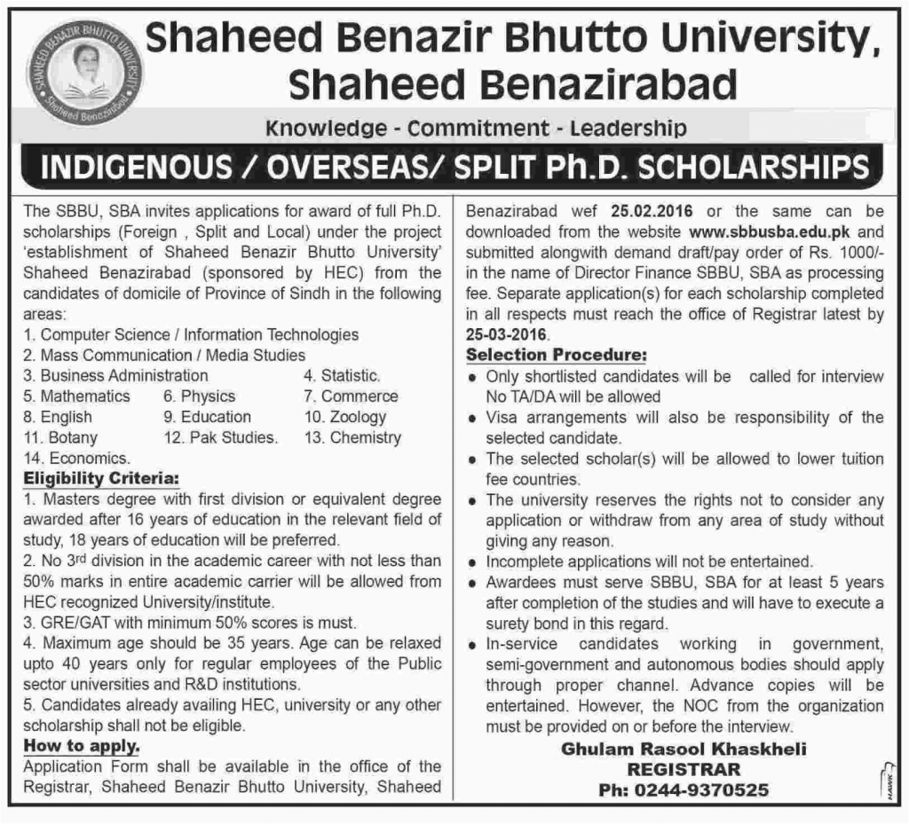 PhD Scholarships Admissions in Shaheed Benazir Bhutto University