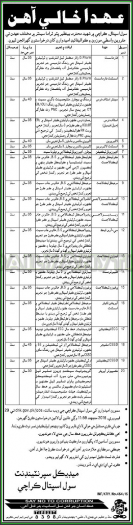 Pharmacist, Assistant Pharmacist. Senior Staff Nurse, Staff Nurse, Librarian, Specialist Librarian, and Other Staff Jobs in Civil Hospital Karachi