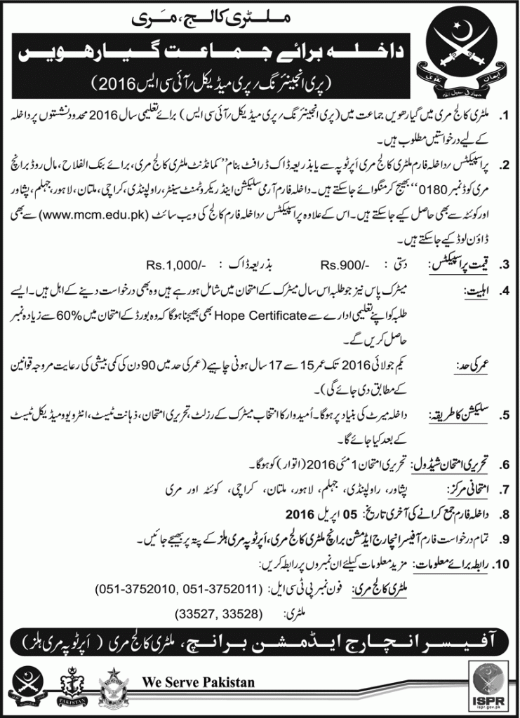 Pre-Engineering, Pre-Medical ICS Admissions in Milatry College Murree