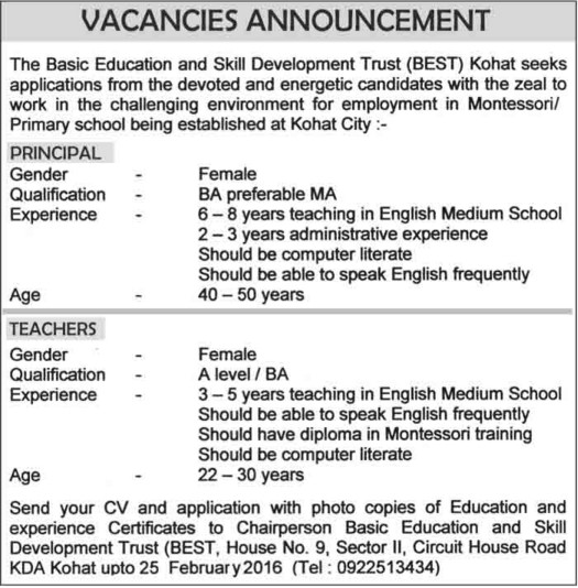 Principal, Teachers Jobs in The Basic Education and Skill Development Trust (BEST) Kohat