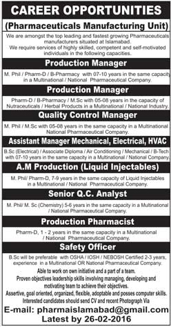 Production Manager, Quality Control Manager, Assistant, Mechnical, Electrical and Other Job sin Pharmaceuticals Manufacturing Unit