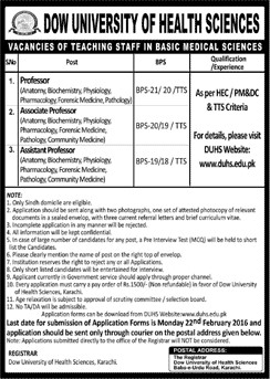 Professor Associate Professor Assistant Professor Jobs in Dow University of Health Sciences