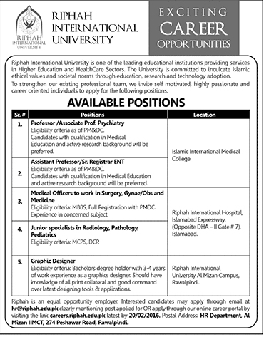 Professor Associate Professor Assistant Professor Medical Officer Junior Specilist Graphic Designer Jobs in Riphah International University
