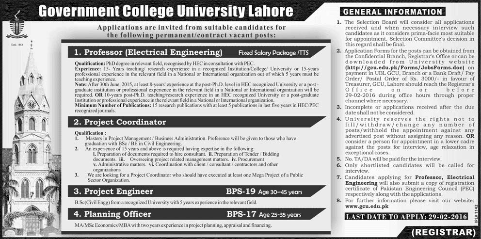 Professor and Officer Jobs in Govt College University Lahore