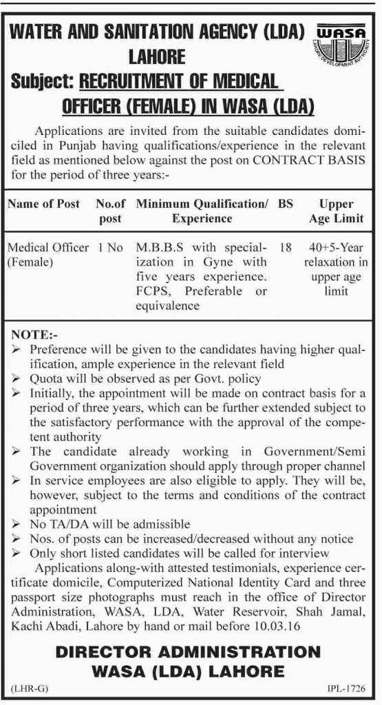 Recruitment of Medical Officer Female Jobs in Wasa LDA Lahore