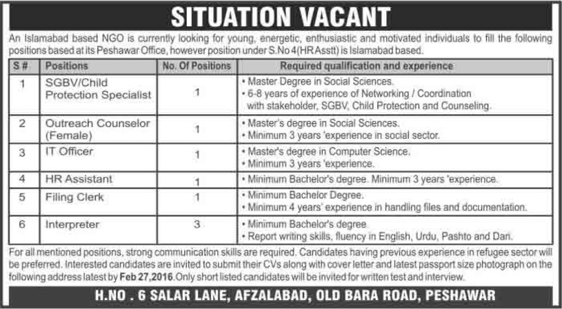 SGBV Child Protection Specialist, Outreach Counselor, IT Officer, HR Assistant, Filing Clerk, and Interprete Jobs in NGO Islamabad