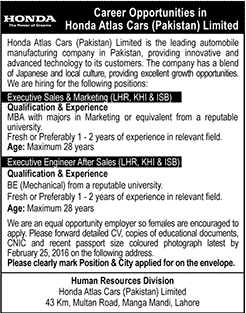 Sales Executive Marketing and Engineer After Sales Jobs in Honda Atlas Care Pakistan Limited