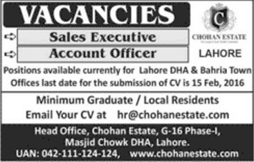 Sales Executive and Account Officer Jobs in Chohan Estate Lahore