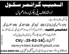 Science Computer, Math, and Montessory Teachers Jobs in Al-Habib Grammer School Dhumiyal