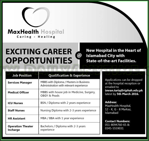Services Manager, Medical Officer, ICU Nurses, HR Assistant and Operation Theater Incharge Jobs in MaxHealth Hospital
