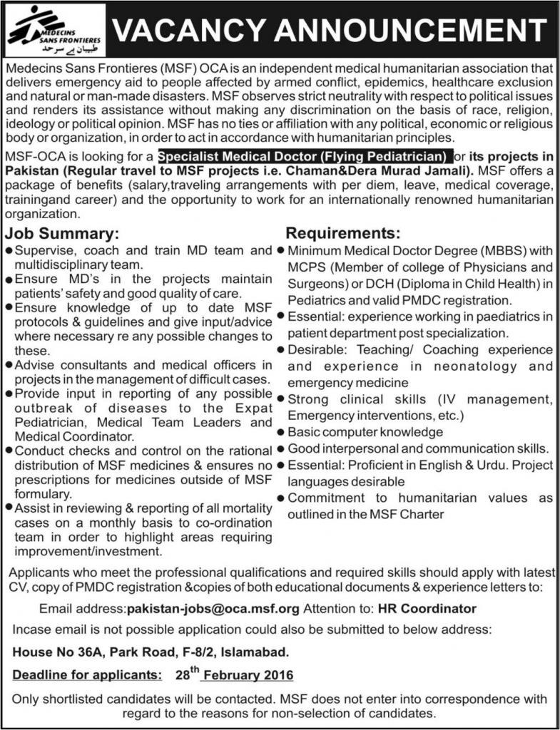 Specialist Medical Doctor (Flying Pediatrican) Jobs in Medicins Sans Frontieres Islamabad