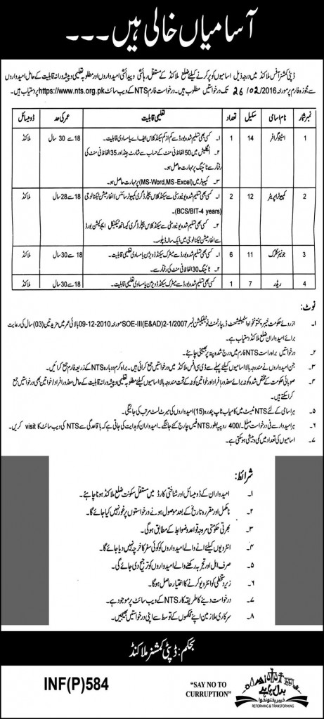 Stenographer Computer Operator Junior Clerk Reader Jobs in Dupty Comissioner District Mala Kand