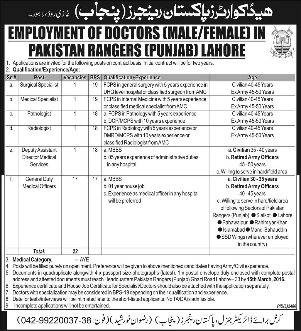 Surgical Specialist Medical Specialist Pathologist Jobs in Pakistan Rangers Punjab