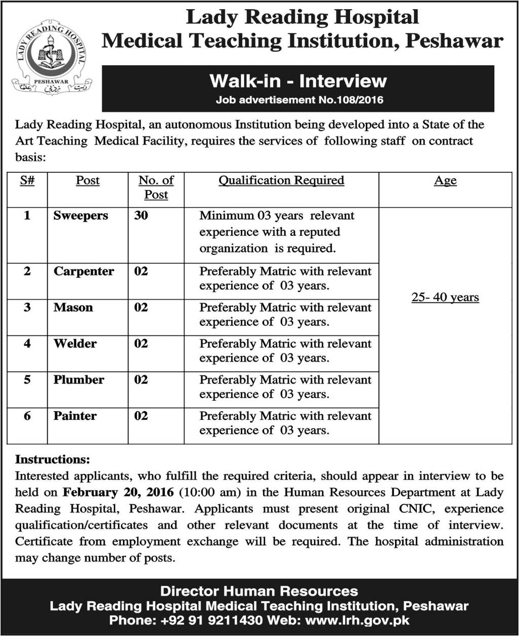 Sweepers Carpenter Mason Welder Plumber Painter Jobs in Lady Reading Hospital Medical Teaching Institute Peshawar