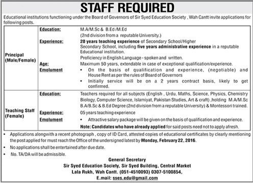 Teachers Staff Require in Sir Syed Education Society Lala Rukh Wah Cantt