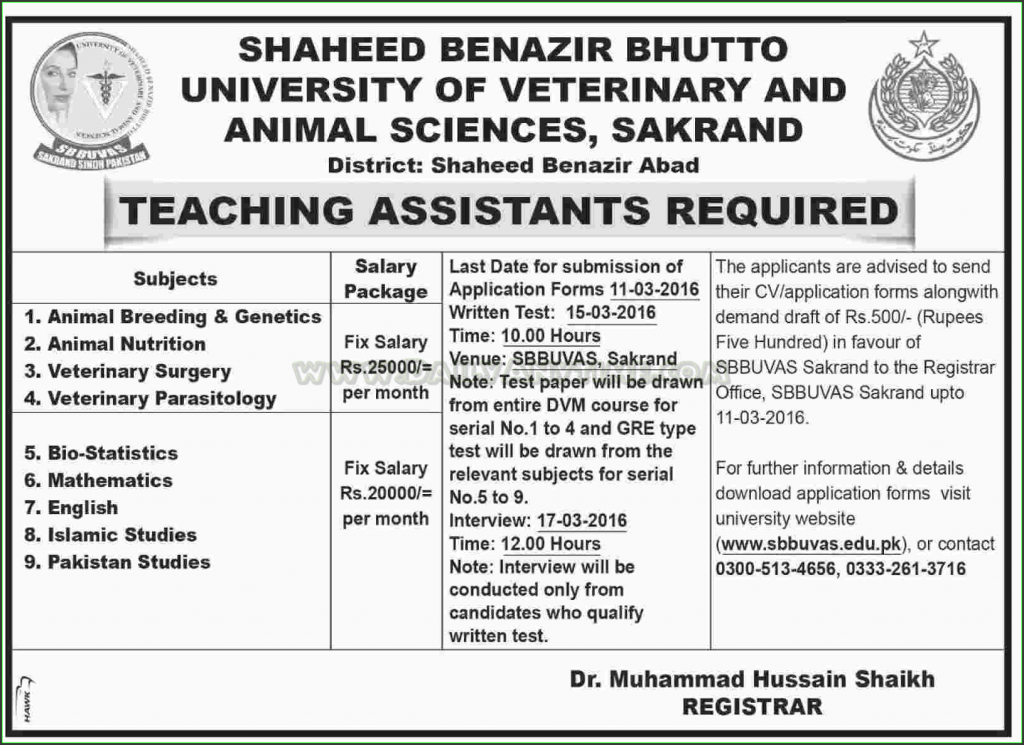 Teaching Assistant Jobs in Shaheed Benazir Bhutto University of Veterinary and Animal Sciences Skrand