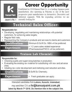 Technical Sales Office, Trainee Lab Chemist Jobs in Kansai Paint