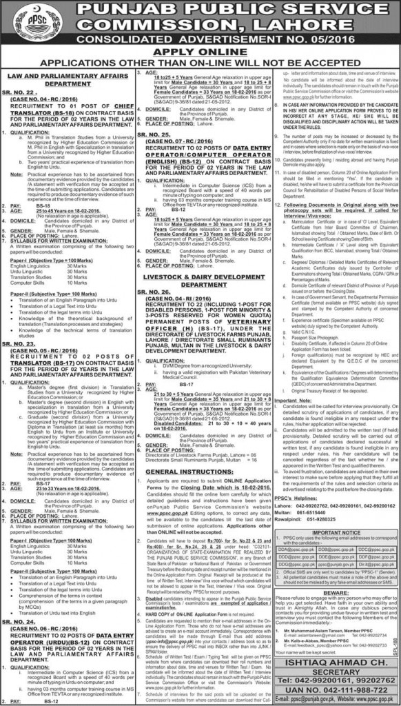 Various Jobs in Punjab Public Service Commission Lahore