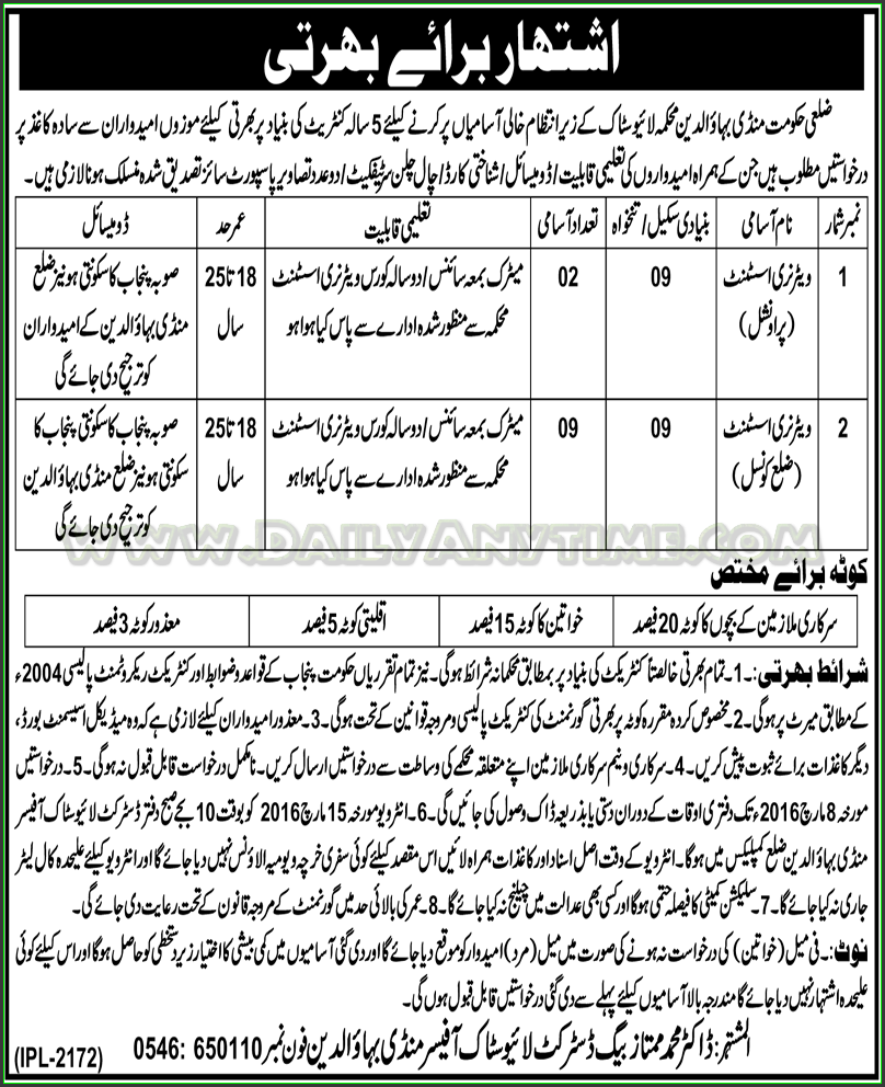 Veterinary Assistant Jobs in Department Live Stock Mandi Bahauddin