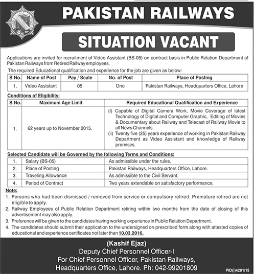 Video Manager Jobs in Pakistan Railways