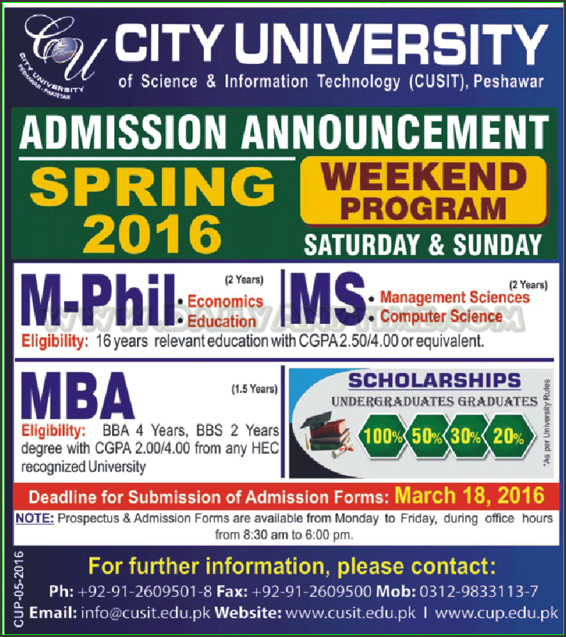 Admissions in City University of Science & Information Technology (CUSIT)