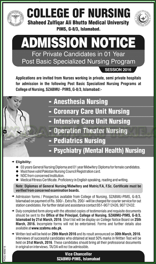 Admissions in College of Nursing Shaheed Zulfiqar Ali bhutto Medical University
