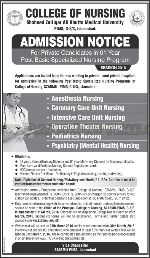 Admissions in College of Nursing Shaheed Zulfiqar Ali bhutto Medical University