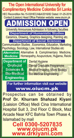 Admissions in Open International University Complimentary Medicine Colomo Sri Lanka
