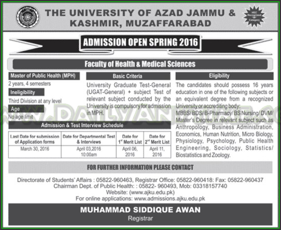 Admissions in The University of Azad Jammu & Kashmir Muzaffarabad