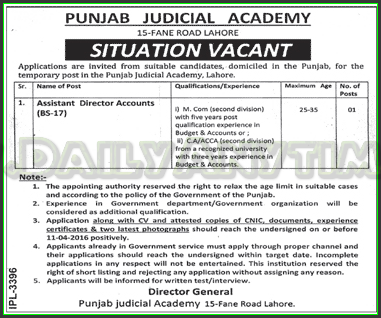 Assistant Director Accounts Jobs in Punjab Judicial Academy Lahore