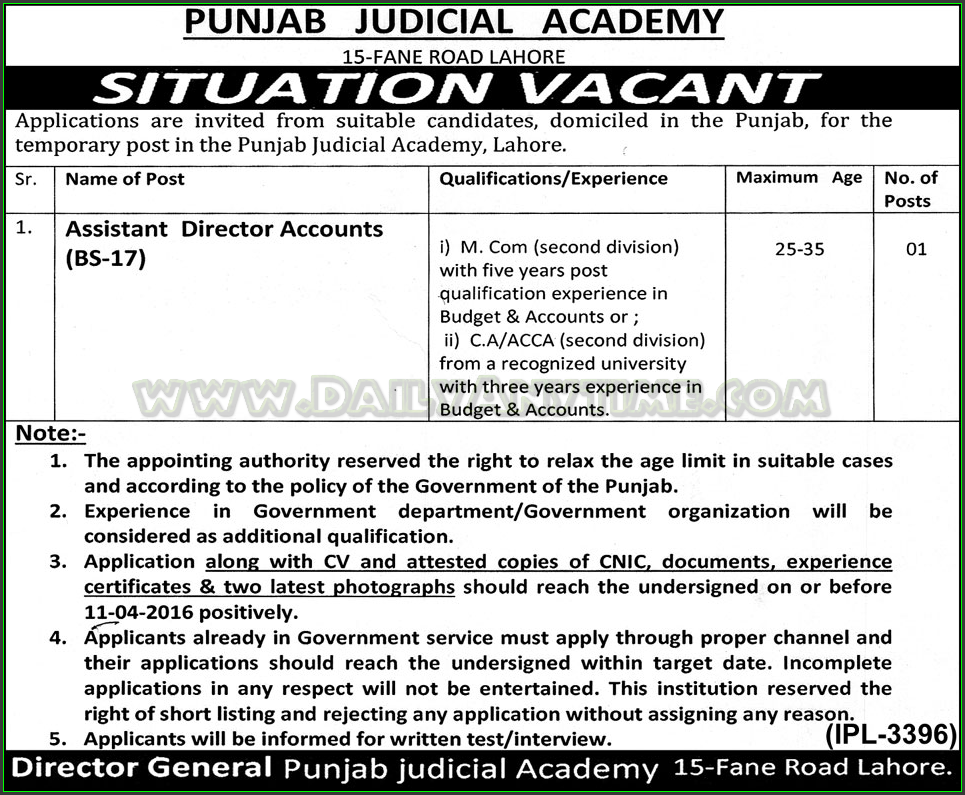 Assistant Director Jobs in Punjab Judicial Academy Lahore