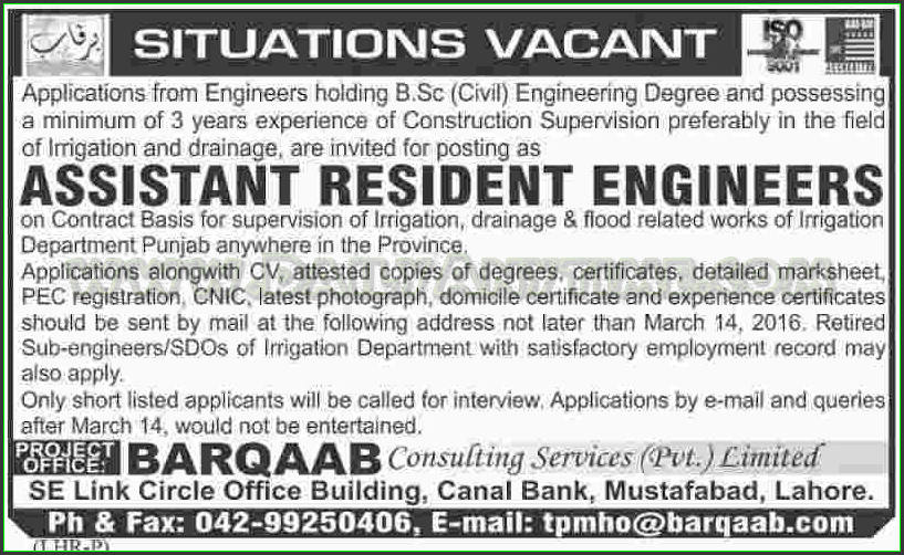 Assistant Resident Engineers Jobs in Barqaab Consulting Services Pvt Ltd