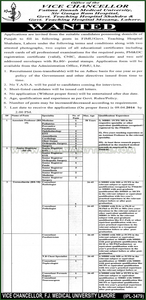 Associate Professor, Senior Registrar, Consultants, Jobs in FJMU Govt Teaching Hospital Lahore