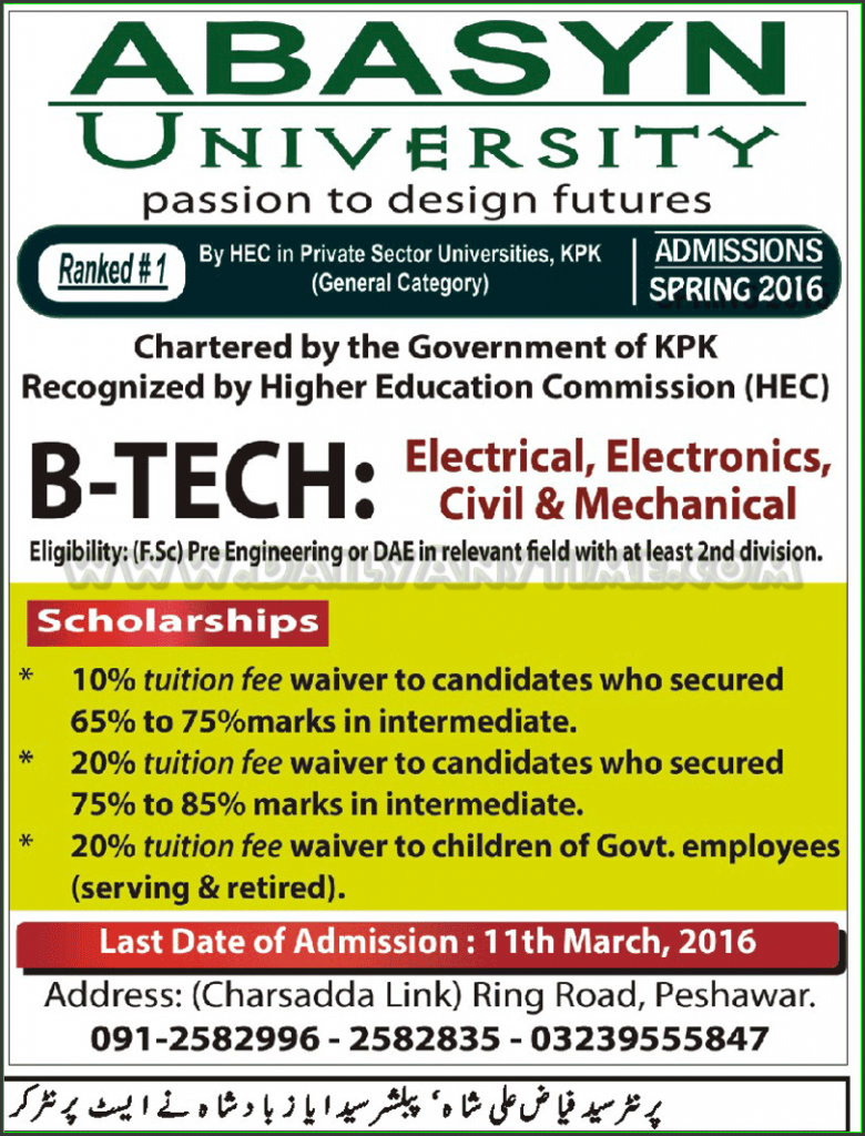 B.Tech Admissions in Abasyn University