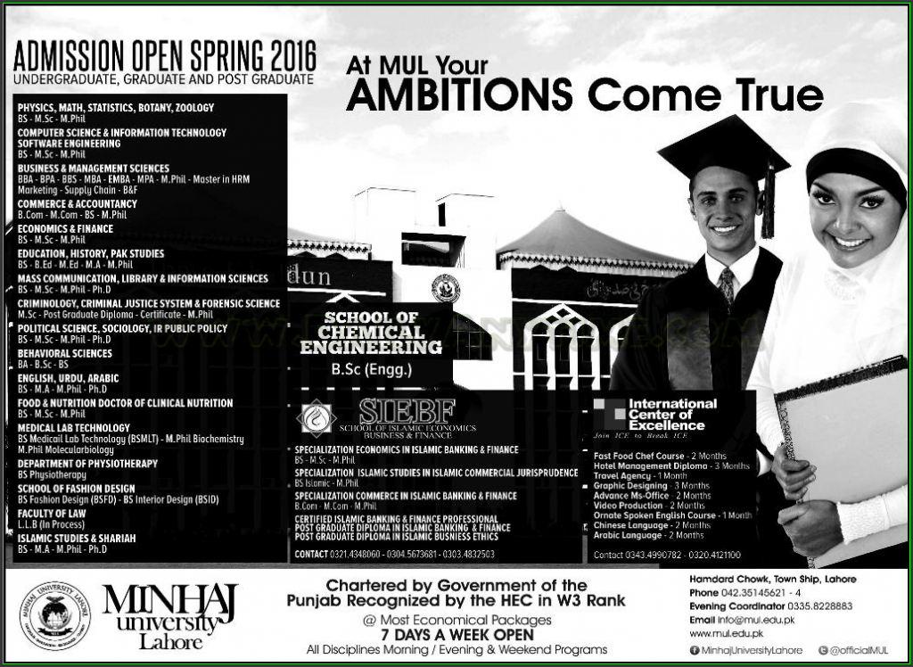 BS, MSc, M.Phill, MBA, BBA, and PhD Admissions in Minhaj University Lahore