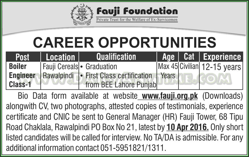 Boiler Engineer Jobs in Fauji Foundation
