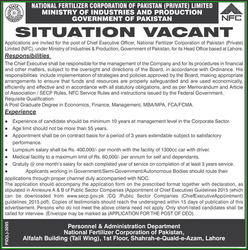 Chief Executive Jobs in National Fertilizer Corporation of Pakistan (NFC)