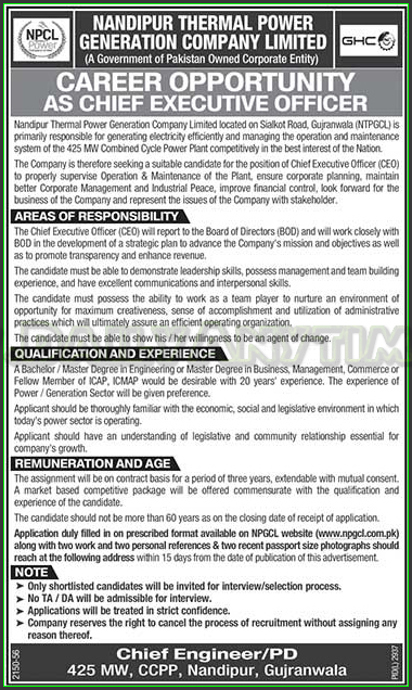 Chief Executive Officer Jobs in Nandipur Thermal Power Generation Company Limited