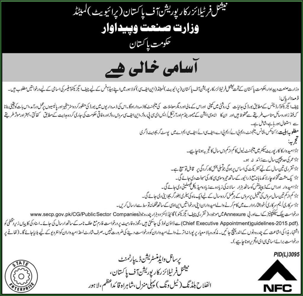 Cief Executive Jobs in NFC National Futelazation Corporation of Pakistan
