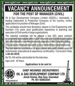 Civil Manger Jobs in Oil & Gas Development Company