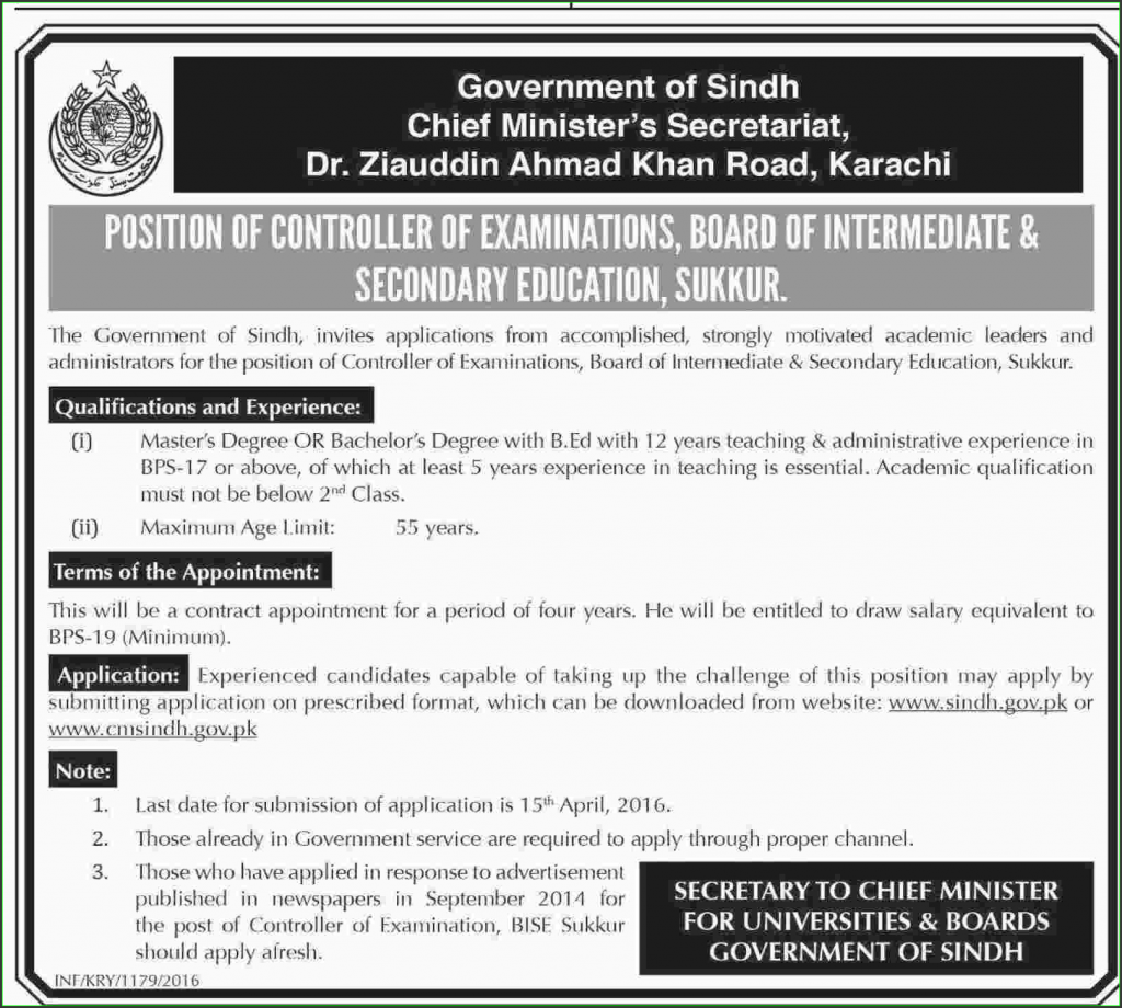 Controller Examination Jobs in Board of Intermediate Secondary Education Sukkur Government of Sindh