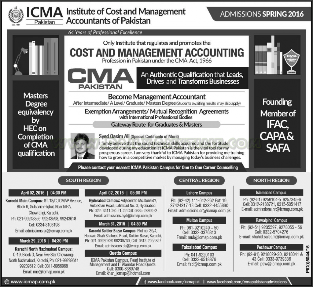 Cost and Management Accountuing Admissions in ICMA Pakistan